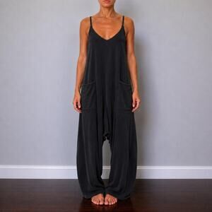 FREE PEOPLE FP Movement Hot Shot Jumpsuit Black Boho Lagenlook Harem Onesie Sz S